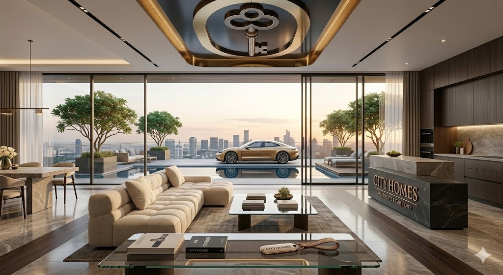 Canapea modernă cu o măsuță rotundă pentru reviste în față