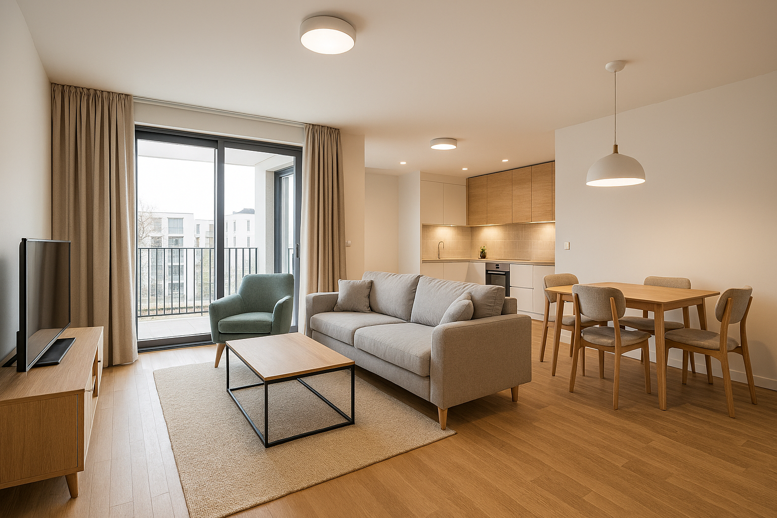 nterior modern de apartament cu living și bucătărie open-space, decorat în tonuri neutre, ideal pentru închiriere.