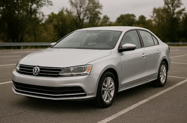 Volkswagen Jetta argintiu parcat într-un spațiu urban, ideal pentru promovarea serviciilor de închiriere auto.